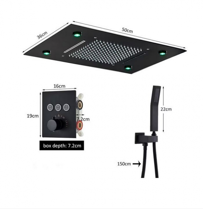 Set de dus incastrat, cu termostat, negru, palarie de 50 cm, cu lumini led si telecomanda, AquaSpa [2]