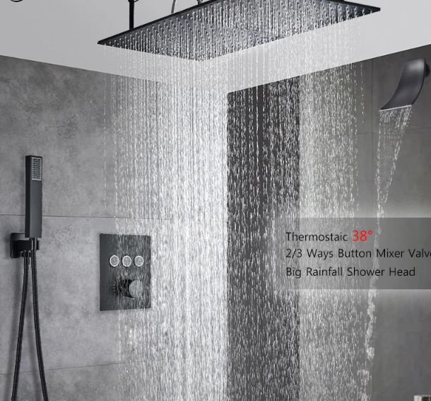Set de dus incastrat, cu termostat, negru, palarie de 50 cm, cu lumini led si telecomanda, AquaSpa [7]