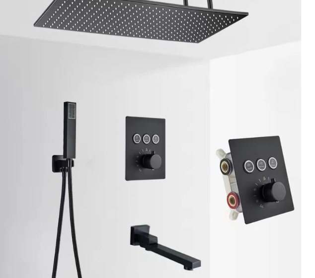 Set de dus incastrat, cu termostat, negru, palarie de 50 cm, cu lumini led si telecomanda, AquaSpa [13]