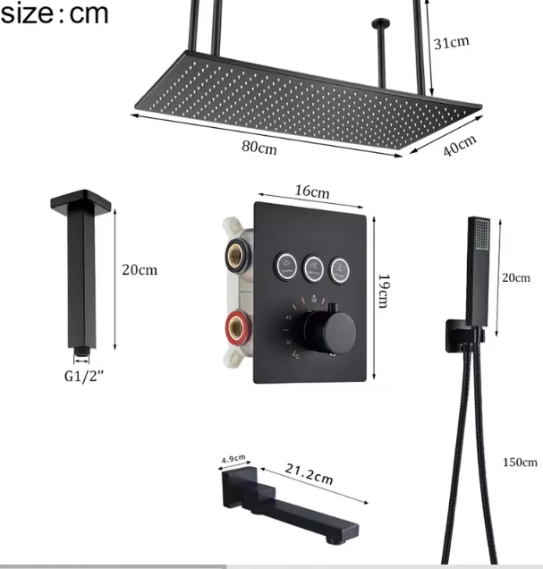Set de dus incastrat, cu termostat, negru, palarie de 50 cm, cu lumini led si telecomanda, AquaSpa [12]