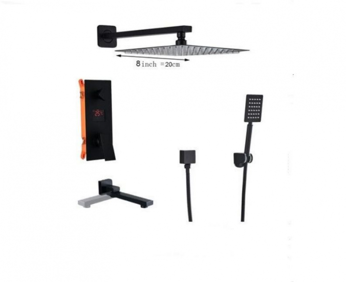 Set de dus Negru, AquaSpa, Display Led, Palarie de 20 CM, Teava de dus pentru perete cu montaj sub tencuiala mobila, AquaSpa [2]