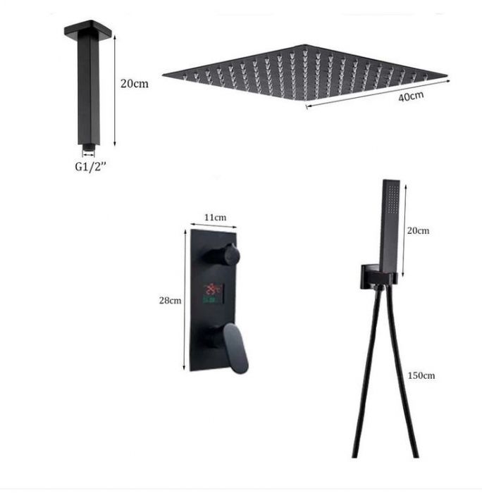 Set de dus Negru, AquaSpa, Display Led, Palarie de 40 cm, Incastrabil in tavan [3]