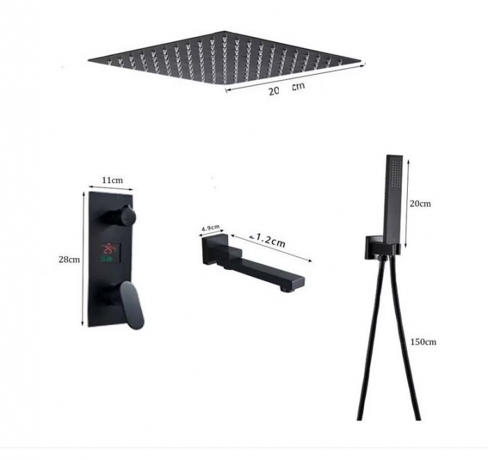 Set de dus Negru, AquaSpa, Display Led, Palarie de 40 cm, Incastrabil in tavan, Teava de dus pentru perete cu montaj sub tencuiala mobila [2]