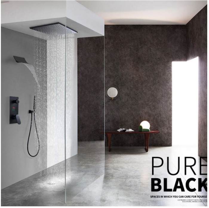 Set de dus Negru, Display Led, Palarie de 20 cm, Incastrabil in tavan, Teava de dus pentru perete stil cascada, AquaSpa [3]