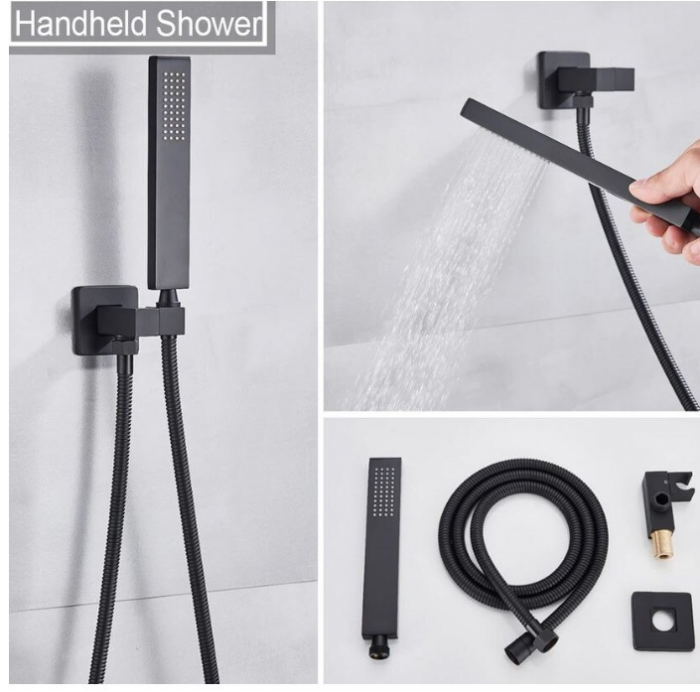 Set de dus Negru, Display Led, Palarie de 20 cm, Incastrabil in tavan, Teava de dus pentru perete stil cascada, AquaSpa [5]