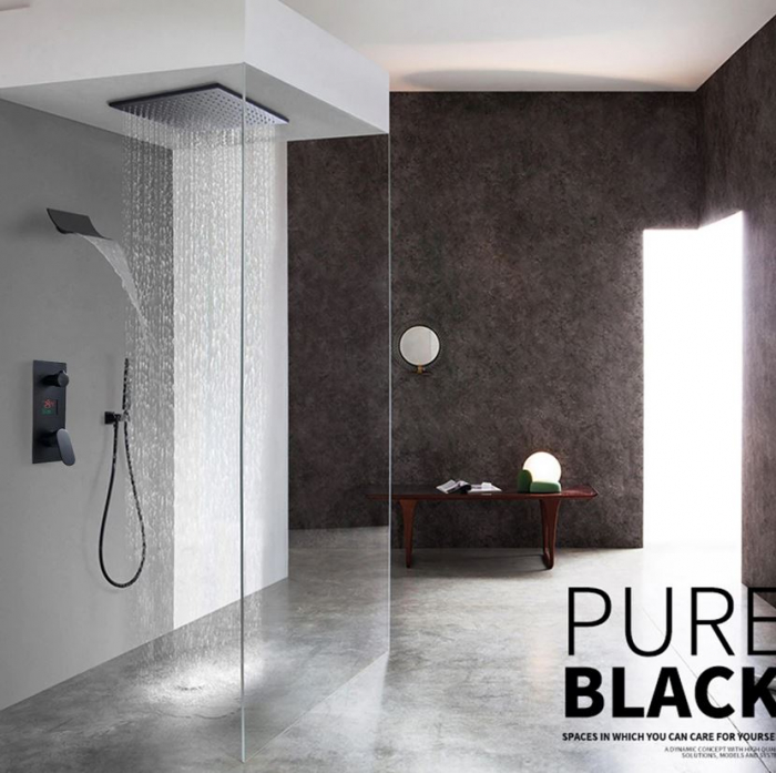 Set de dus Negru, Display Led, Palarie de 40 cm, Incastrabil in tavan, Teava de dus pentru perete stil cascada, AquaSpa [4]