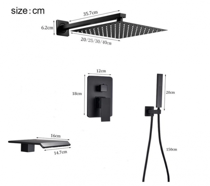 Set de dus Negru, palarie de 20 CM, functie cascada, AquaSpa [2]