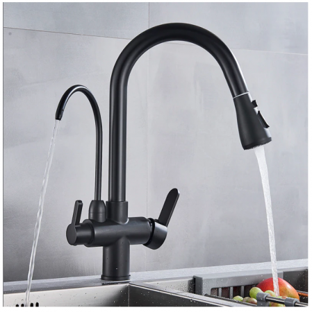 Baterie bucatarie cu montaj pe blat, 3 functii de curgere a apei, negru mat, cu 2 pipe si dus extractabil, AquaSpa [5]