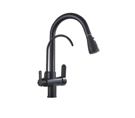 Baterii sanitare - Baterie bucatarie cu montaj pe blat, 3 functii de curgere a apei, negru mat, cu 2 pipe si dus extractabil, AquaSpa