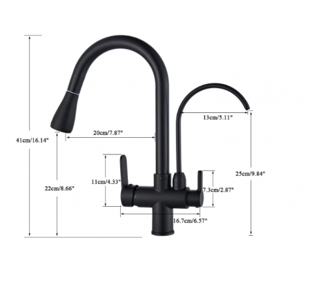 Baterie bucatarie cu montaj pe blat, 3 functii de curgere a apei, negru mat, cu 2 pipe si dus extractabil, AquaSpa [2]