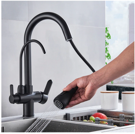 Baterie bucatarie cu montaj pe blat, 3 functii de curgere a apei, negru mat, cu 2 pipe si dus extractabil, AquaSpa [3]