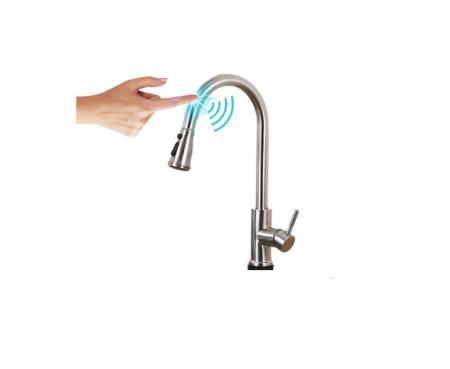 Baterie bucatarie profesionala, Argintie, cu senzor de pornire la atingere,cu dus extractibil si pipa flexibila, cu touch control, AquaSpa [1]