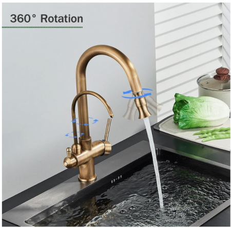 Baterie de bucatarie 3 cai cu touch, gold antichizat, cu 2 functii de curgere si dus extractabil, AquaSpa [4]