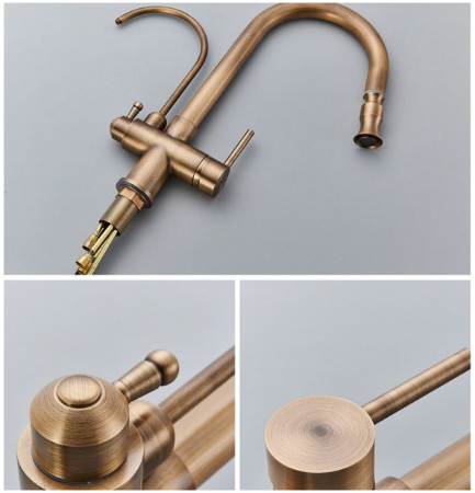 Baterie de bucatarie 3 cai cu touch, gold antichizat, cu 2 functii de curgere si dus extractabil, AquaSpa [3]