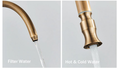 Baterie de bucatarie 3 cai cu touch, gold antichizat, cu 2 functii de curgere si dus extractabil, AquaSpa [5]