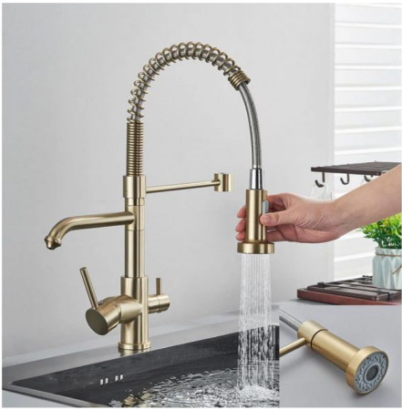 Baterie de bucatarie cu 3 cai, cu 2 functii de curgere si dus extractibil, gold, AquaSpa [1]