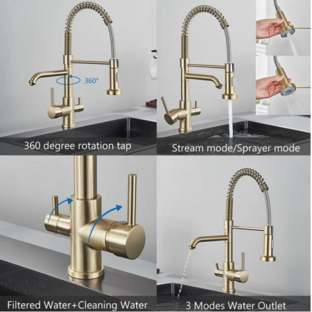 Baterie de bucatarie cu 3 cai, cu 2 functii de curgere si dus extractibil, gold, AquaSpa [2]