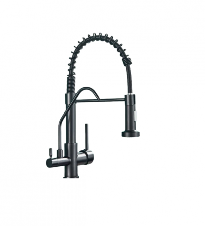 Baterii sanitare - Baterie de bucatarie cu 3 cai, cu 2 functii de curgere si dus extractibil, negru mat, Tip C, AquaSpa