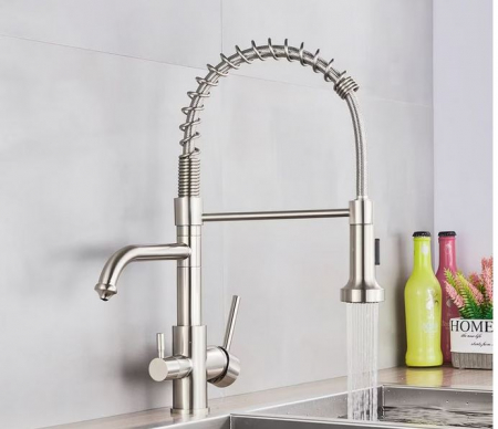 Baterie de bucatarie cu 3 cai, cu 2 functii de curgere si dus extractibil, nichel, AquaSpa [2]