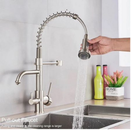 Baterie de bucatarie cu 3 cai, cu 2 functii de curgere si dus extractibil, nichel, AquaSpa [1]