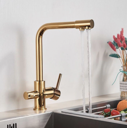 Baterie de bucatarie cu 3 cai pentru apa purificata, cu 2 functii de curgere, gold lucios, AquaSpa [4]