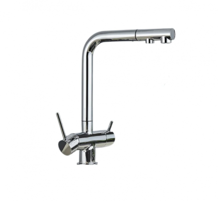 Baterii sanitare - Baterie de bucatarie cu 3 cai pentru apa purificata cu dus extractibil si 2 functii, negru, AquaSpa