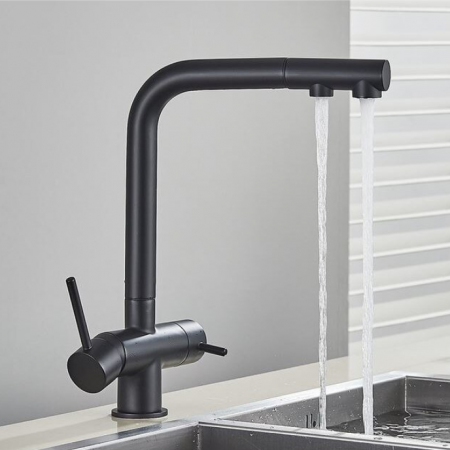 Baterie de bucatarie cu 3 cai pentru apa purificata cu dus extractibil si 2 functii, negru, AquaSpa [1]