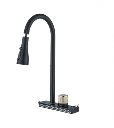 Baterii sanitare - Baterie de bucatarie cu sistem de curgere tip cascada, cu dus extractibil si 4 moduri de curgere a apei, negru mat, AquaSpa