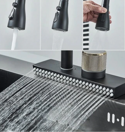 Baterie de bucatarie cu sistem de curgere tip cascada, cu dus extractibil si 4 moduri de curgere a apei, negru mat, AquaSpa [4]