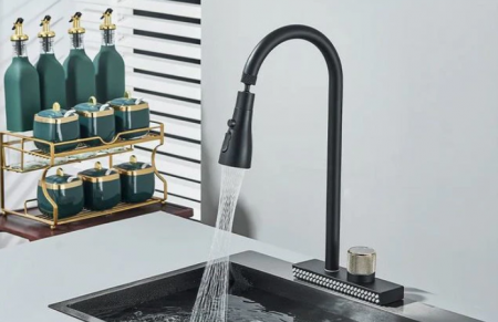 Baterie de bucatarie cu sistem de curgere tip cascada, cu dus extractibil si 4 moduri de curgere a apei, negru mat, AquaSpa [2]