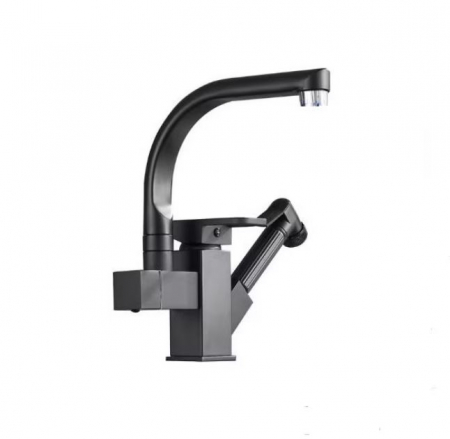 Baterii sanitare - Baterie dubla de bucatarie cu Led , neagra, teava rotativa 360 si dus extractabil