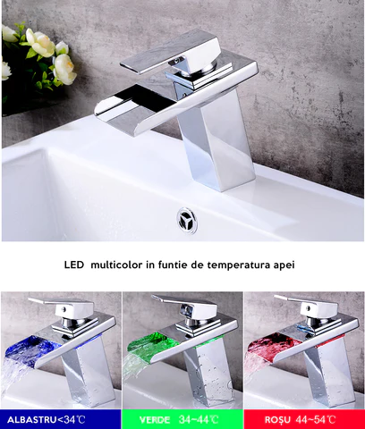 Baterie lavoar cu senzor LED incorporat, tip cascada, cu montare pe chiuveta, Crom, 17.5 cm Inaltime [1]