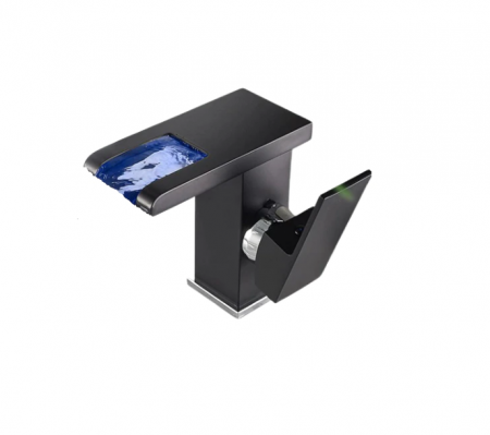 Baterii sanitare - Baterie Lavoar neagra, cu Led, tip Cascada, 12.5 cm inaltime, AquaSpa