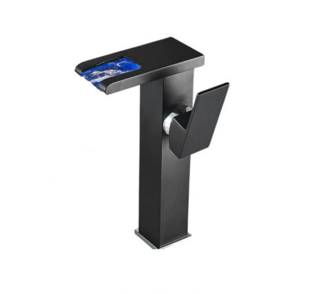 Baterii sanitare - Baterie Lavoar neagra, cu Led, tip Cascada, 24 cm inaltime, AquaSpa