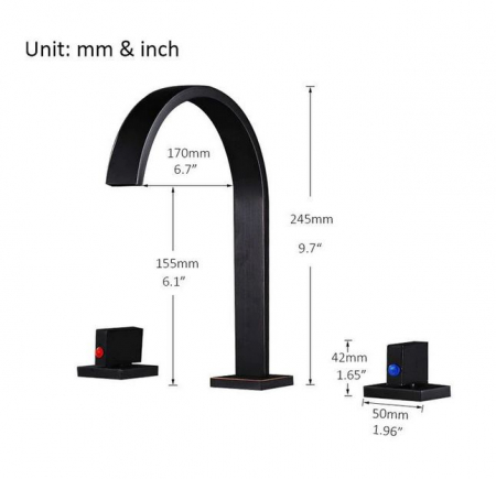 Baterie patrata neagra din alama pentru baie, 24.5 cm Inaltime [3]