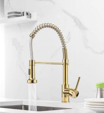 Baterie profesionala pentru chiuveta cu arc, cu dus extractabil, pipa inalta, AquaSpa, Gold [1]