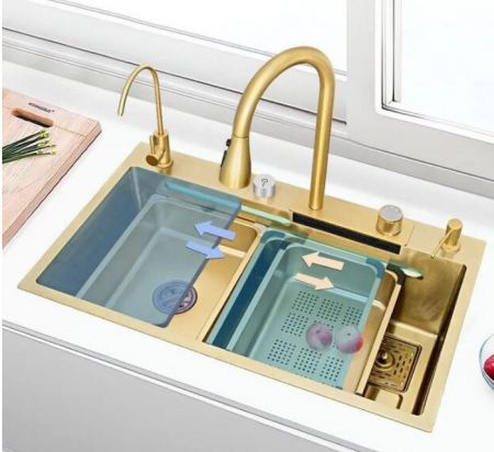 Chiuveta multifunctionala din otel inoxidabil cu accesorii incluse, 2 baterii incluse, culoare gold, dimensiune 750x450mm, AquaSpa [5]