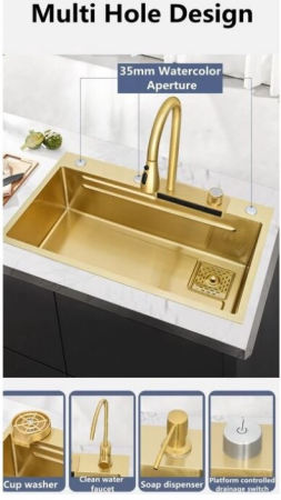 Chiuveta multifunctionala din otel inoxidabil cu accesorii incluse, 2 baterii incluse, culoare gold, dimensiune 750x450mm, AquaSpa [7]