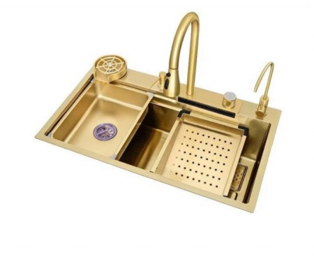 Chiuvete - Chiuveta multifunctionala din otel inoxidabil cu accesorii incluse, 2 baterii incluse, culoare gold, dimensiune 750x450mm, AquaSpa