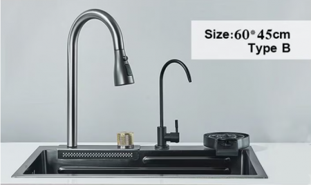 Chiuveta multifunctionala din otel inoxidabil cu accesorii incluse, 2 baterii incluse, culoare negru-gri, dimensiune 600x450mm, AquaSpa [1]