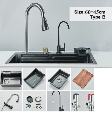 Chiuveta multifunctionala din otel inoxidabil cu accesorii incluse, 2 baterii incluse, culoare negru-gri, dimensiune 600x450mm, AquaSpa [2]