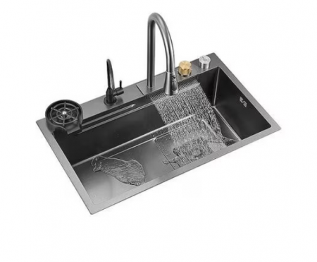 Chiuvete - Chiuveta multifunctionala din otel inoxidabil cu accesorii incluse, 2 baterii incluse, culoare negru-gri, dimensiune 680x460mm, AquaSpa