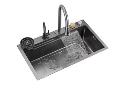 Chiuvete - Chiuveta multifunctionala din otel inoxidabil cu accesorii incluse, 2 baterii incluse, culoare negru-gri, dimensiune 750x460mm, AquaSpa