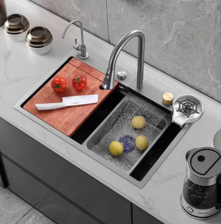 Chiuveta multifunctionala din otel inoxidabil cu accesorii incluse, 2 baterii incluse, culoare negru-gri, dimensiune 750x460mm, AquaSpa [2]