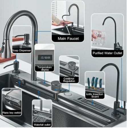 Chiuveta multifunctionala din otel inoxidabil cu accesorii incluse, baterie cu afisaj digital, dimensiune 750x450mm, AquaSpa [3]
