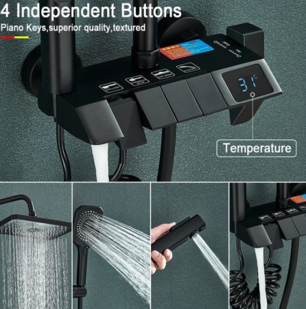 Coloana de dus neagra, reglabila pe inaltime, cu display Led si functie de bideu, Piano Style, AquaSpa [3]