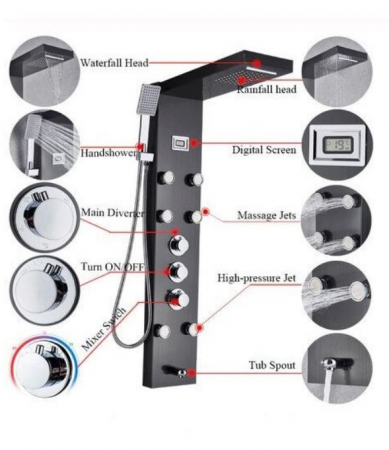 Panel de dus cu hidromasaj " Desire"', Inox mat, Functia" Cascada", Termostatic [3]