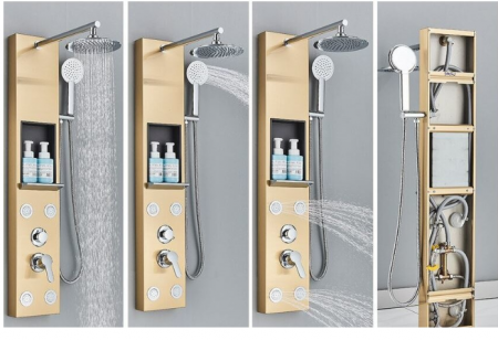 Panel de dus cu suport integrat, din otel inoxidabil, Gold, functie ploaie, cascada si hidromasaj, AquaSpa [1]