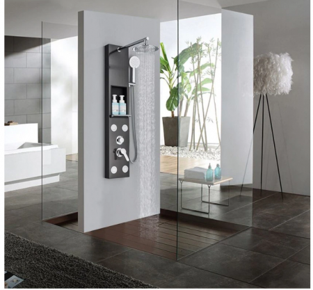 Panel de dus cu suport integrat, din otel inoxidabil, Negru, functie ploaie, cascada si hidromasaj, AquaSpa [1]