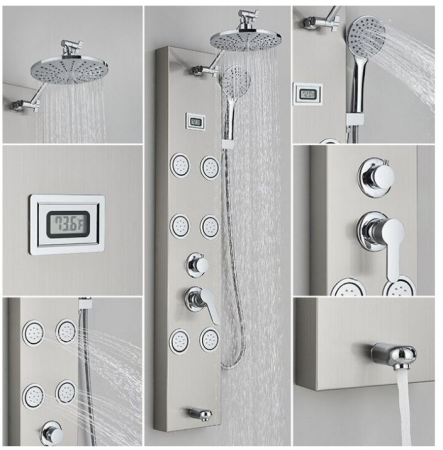 Panel de dus din otel inoxidabil, Argintiu-Nichelat, cu display al temperaturii, functie ploaie, cascada si hidromasaj, AquaSpa [2]